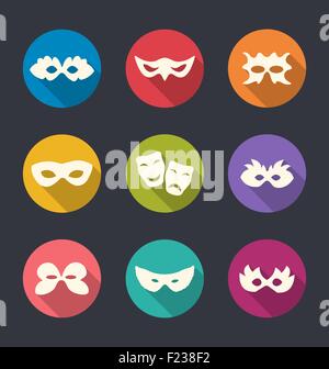 Set flat icons of Carnival or theatre masks with long shadows Stock Vector