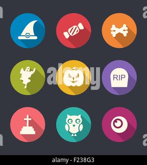 Illustration of Halloween Flat Icons Set Over Pink Stock Vector