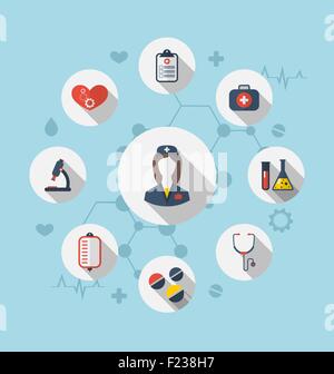 Set trendy flat icons of medical elements and nurse Stock Vector