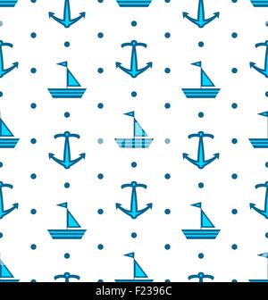 Seamless Pattern with Sail Boats and Anchors, Nautical Blue Back Stock Vector