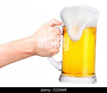 beer with man hand making toast isolated on a white background Stock Photo