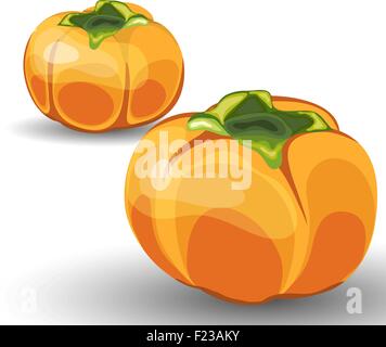 Set of Two Beautiful Glossy Orange Persimmon over White Background. Cute Icons Suitable For Creating Food, Thanksgiving Day, Harvest Day Designs. Vector Illustration. Stock Vector