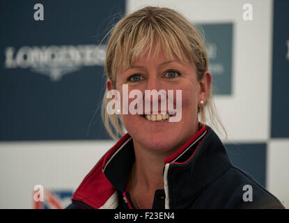 Blair Atholl, Scotland, UK. 10th September, 2015. Nicola Wilson [GBR] riding One Two Many at the press conference on the first day.  Nicola  is in third place after day one. The FEI European Eventing Championships 2015 Blair Castle Credit:  Stephen Bartholomew/Alamy Live News Stock Photo