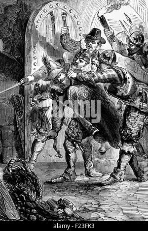 The arrest of Guy Fawkes (1570 – 1606) on November 5 1605, for his part, as  a member of a group of provincial English Catholics, who planned the failed Gunpowder Plot to blow up the English Houses of Parliament. Stock Photo