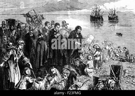 Puritans embarking for the colonies; between 1630 and 1640 over 13,000 men, women, and children sailed to Massachusetts. Stock Photo