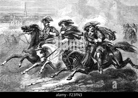 Cavaliers fleeing from the Battle of Naseby, the key battle of the first English Civil War. On 14 June 1645, the main royalist army of King Charles I was destroyed by the Parliamentarian New Model Army commanded by Sir Thomas Fairfax and Oliver Cromwell. Stock Photo