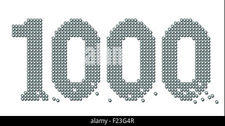 THOUSAND - composed of exactly counted one thousand iron balls, some are rolling away - illustration on white background. Stock Photo