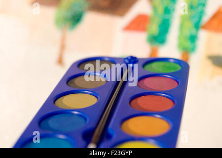 Photo of watercolors on painted canvas Stock Photo