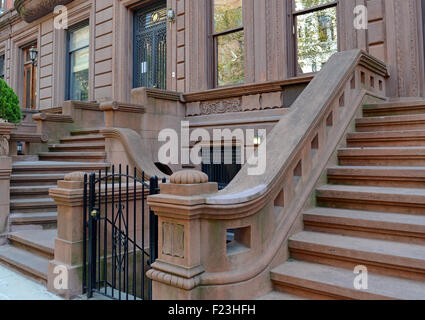 Brownstone apartment buildings, and staircase, New York Stock Photo