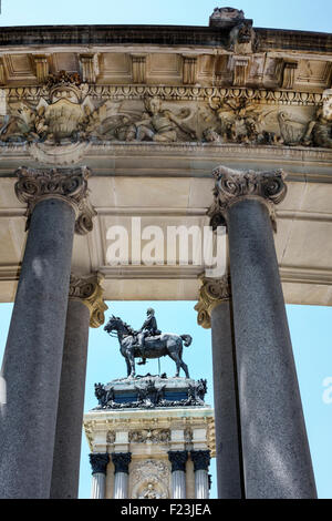 Madrid Spain,Hispanic Retiro,Parque del Buen Retiro,Buen Retiro Park,city,King Alfonso XII monument,colonnade,columns,equestrian statue,Spain150630049 Stock Photo