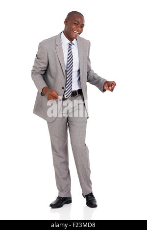 cheerful African American businessman dancing isolated on white background Stock Photo
