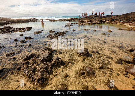 The Champagne Pools rock pools are a popular attraction for tourists, sunbaking and swimming in the sheltered pools. Stock Photo
