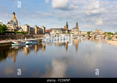 Cruise ship on the river Elbe in front of the skyline of Dresden with the Cathedral, Brühl's terrace and the art academy Stock Photo