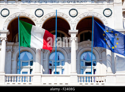 Italian and EU Flags on a balcony in Trieste Stock Photo
