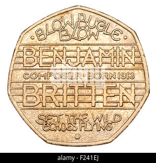 British 50p coin (2013) marking the 100th Anniversary of the Birth of Benjamin Britten, composer Stock Photo