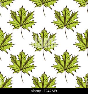 Sketch maple leaves in vintage style, vector seamless pattern Stock Vector