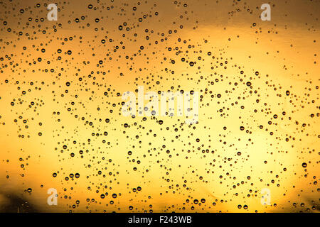 Raindrops on a caravan awning at sunset, Cornwall, UK. Stock Photo