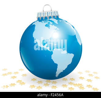 Xmas tree ball - planet earth - american point of view - with many golden glitter stars. Illustration on white background. Stock Photo