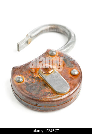 Old rusty padlock with open latch on white background Stock Photo