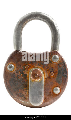 Locked old rusty padlock isolated on white background Stock Photo