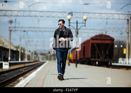 Confident man posing in selvedge  jeans Stock Photo