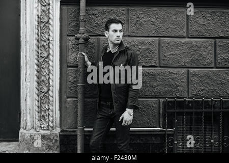 Confident man posing in selvedge  jeans Stock Photo