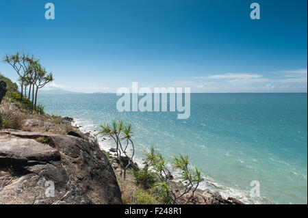 Rocky cliff with Pandanus at the end of the Four-Mile-Beach, Port Douglas, Queensland, Australia Stock Photo