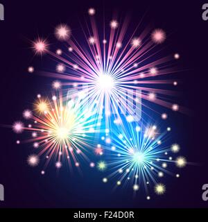 Bright fireworks colorful illustration. Holiday Salute in the night sky. Stock Vector