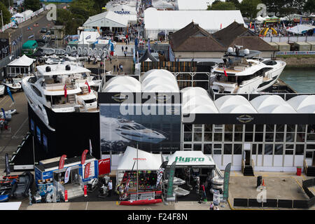 Southampton, UK. 11th September 2015. Southampton Boat Show 2015. A view of the boat show exhibition area from the boat show eye - a ferris wheel located at the edge of the show. Sunseeker's stand can be seen in the foreground. Credit:  MeonStock/Alamy Live News Stock Photo