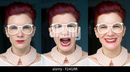 multiple face expressions of a red-haired woman with white glasses Stock Photo