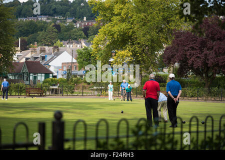 People playing crown green bowls in Matlock Derbyshire UK Stock Photo