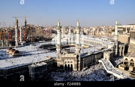 Mecca. 3rd Nov, 2013. A file photo taken on November 3, 2013 shows an aerial view of the Clock Tower and the Grand Mosque in Saudi Arabia's holy city of Mecca. 87 pilgrims were killed and 201 others were injured when a crane fell on the grand mosque in Mecca, Saudi Arabia's Civil Defence authority said Friday. Al Arabiya Television earlier said the crane had fallen because of strong storms. Saudi Arabia has been hit by strong sand storms in the last few days. Credit:  Wangbo/Xinhua/Alamy Live News Stock Photo