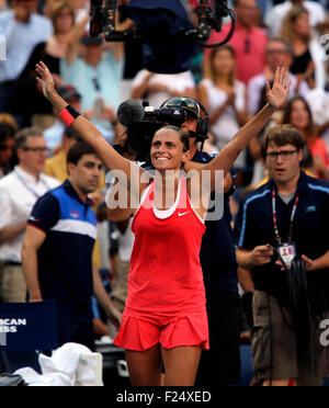 Flushings Meadow, New York, USA. 11th Sep, 2015. Roberta Vinci of Italy reacts after upsetting Serena Williams in their semifinal match at the U.S. Open in Flushing Meadows, New York on the afternoon of September 11th, 2015. Vinci won the match 2-6, 6-4, 6-4. Credit:  Adam Stoltman/Alamy Live News Stock Photo