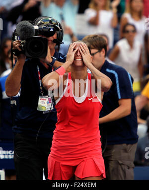 Flushings Meadow, New York, USA. 11th Sep, 2015. Roberta Vinci of Italy reacts after upsetting Serena Williams in their semifinal match at the U.S. Open in Flushing Meadows, New York on the afternoon of September 11th, 2015. Vinci won the match 2-6, 6-4, 6-4. Credit:  Adam Stoltman/Alamy Live News Stock Photo