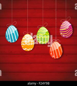 Easter three ornamental colorful eggs on wooden background Stock Vector