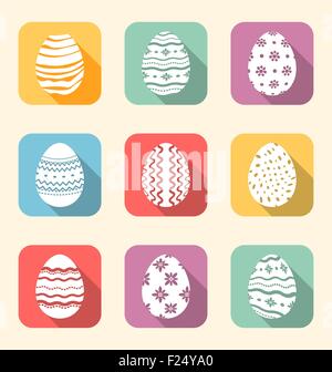 Flat icon of Easter ornate eggs, long shadow style Stock Vector