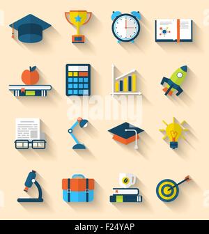 Flat icons of elements and objects for high school and college e Stock Vector