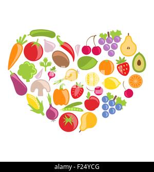 Set Colorful Vegetables and Fruits in Heart Shape Stock Vector
