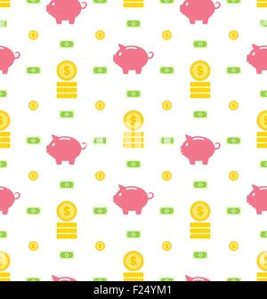 Seamless Pattern with Moneybox, Bank Notes, Coins, Flat Finance Icons Stock Vector
