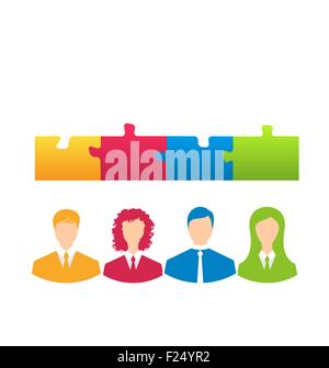 team of business people with jigsaw puzzle pieces as a solution Stock Vector