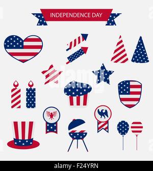 Icons Set USA Flag Color Independence Day 4th of July Stock Vector