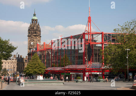 Sheffield Fargate,modern glass fronted shopping centre and old town hall, South Yorkshire, England Stock Photo