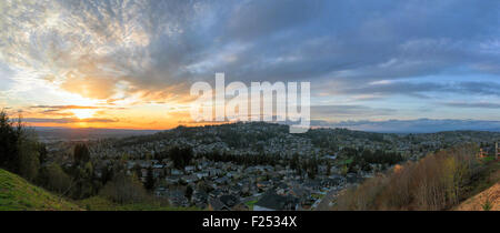 Sunset Over Happy Valley Oregon Residential Suburbs Panorama Stock Photo