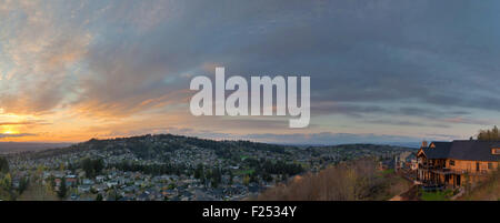 Sunset View Over Happy Valley Oregon Residential Suburbs Panorama Stock Photo