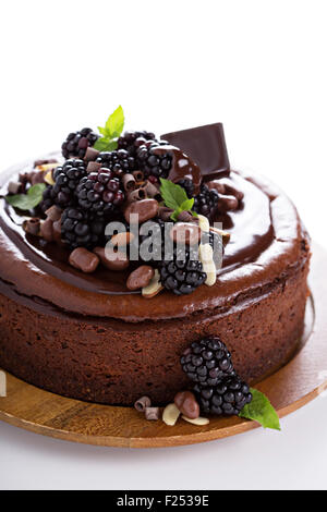 Chocolate cheesecake with blackberries isolated on white background Stock Photo