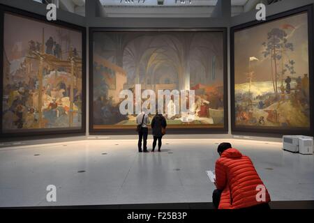 Czech Republic, Prague, Palace of Fairs and Exhibitions (Veletrznφ's Palace), permanent exhibition of twenty monumental paintings of The Slav Epic by Alfons Mucha, in the center the Master Jan Hus Preaching at the Bethlehem Chapel Stock Photo
