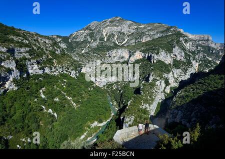 France, Alpes de Haute Provence, Parc Naturel Regional du Verdon, the Verdon Gorge, view on the Verdon river and the Breche Imbert from the panoramic viewpoint of the Mescla balcony Stock Photo