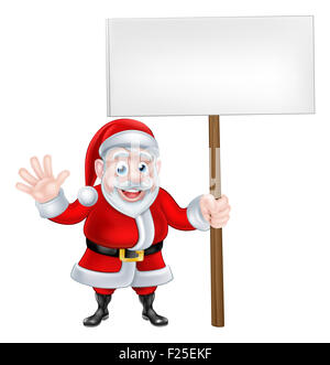 A Christmas cartoon illustration of Santa Claus holding sign and waving with his other hand Stock Photo