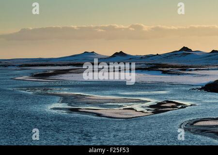 Iceland, South coast, Myrdalssandur, reflections on the water through the black sand plains Myrdalssandur, Sunrise Stock Photo