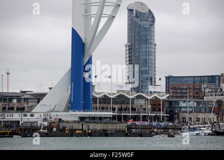 101 year old Doris Long makes a world record breaking abseil down the Portsmouth Emirates Spinnaker Tower in Hampshire. Doris Long is the oldest person to do an abseil in the World, 'Daring' Doris managed the 320ft abseil in just over half an hour with a large crowd watching on a cold, wet and windy day  Featuring: Atmosphere Where: Portsmouth, United Kingdom When: 12 Jul 2015 Stock Photo